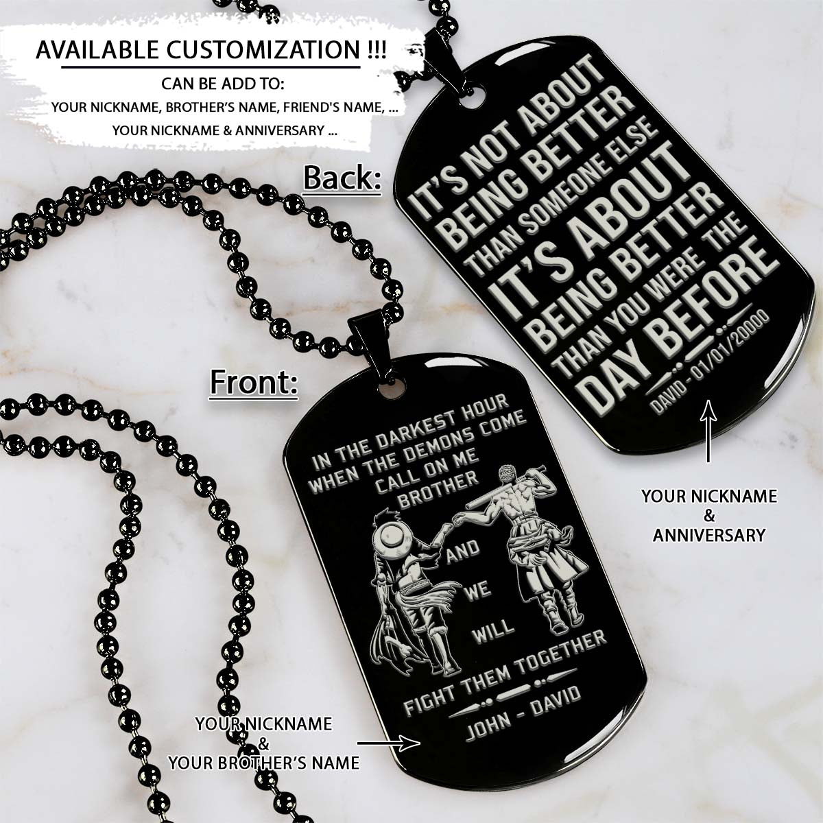 One Piece Dog Tag - Call On Me Brother - It's About Being Better Than You Were The Day Before - Monkey D. Luffy - Roronoa Zoro - One Piece Necklace - Engrave Dog Tag