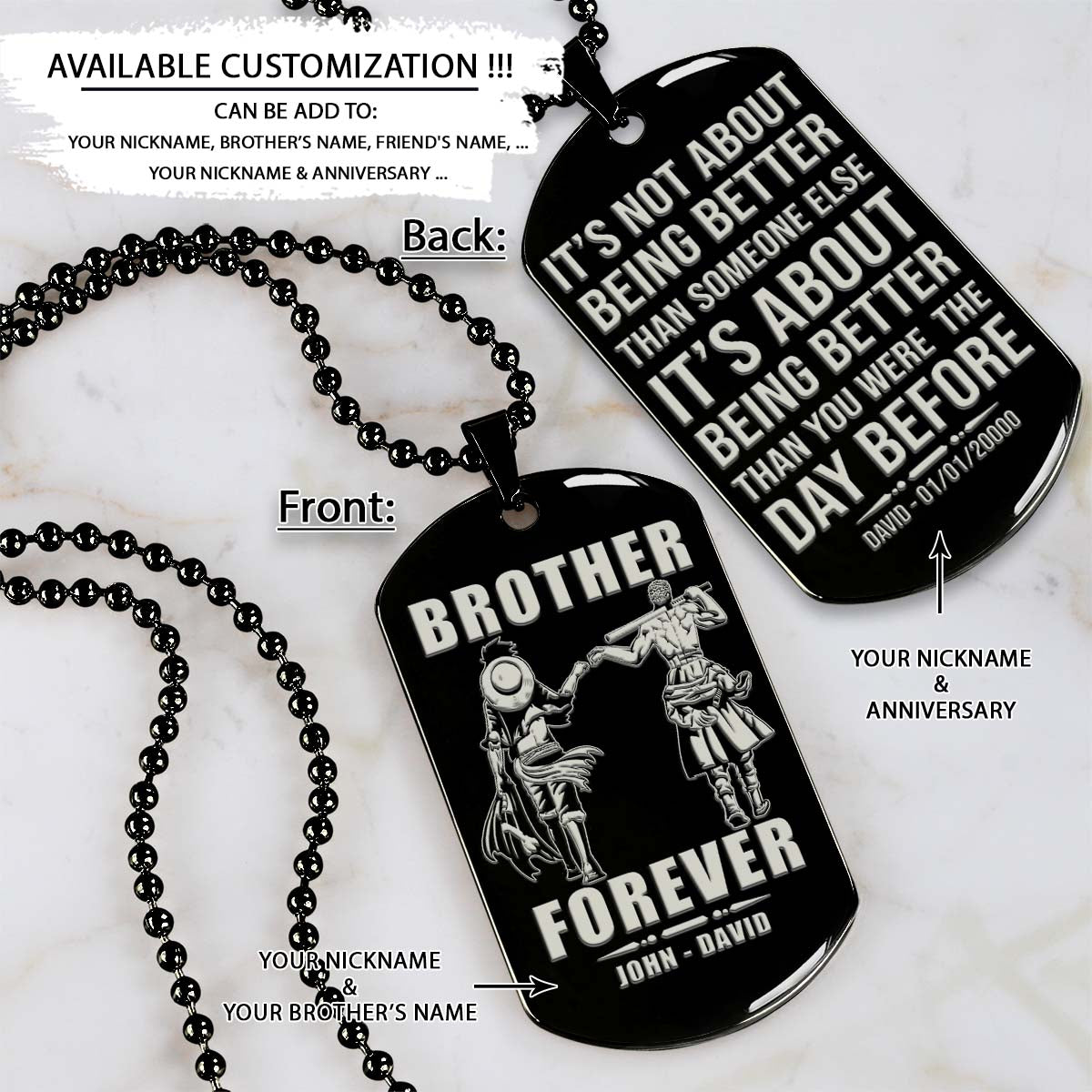 One Piece Dog Tag - Brother Forever - It's About Being Better Than You Were The Day Before - Monkey D. Luffy - Roronoa Zoro - One Piece Necklace - Engrave Dog Tag