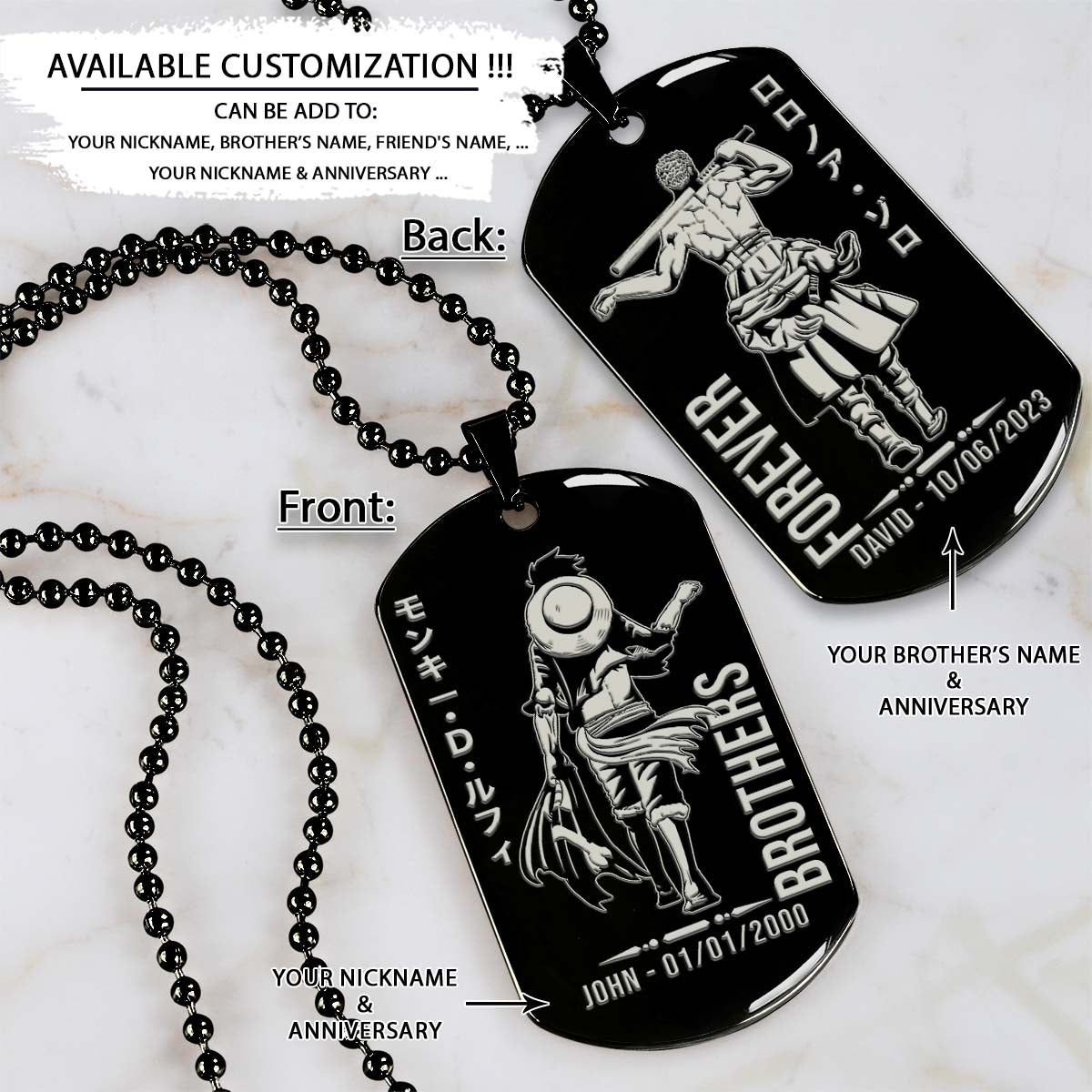 One Piece Dog Tag - Brothers Forever - Monkey D. Luffy - Roronoa Zoro - One Piece Necklace - Engrave Dog Tag