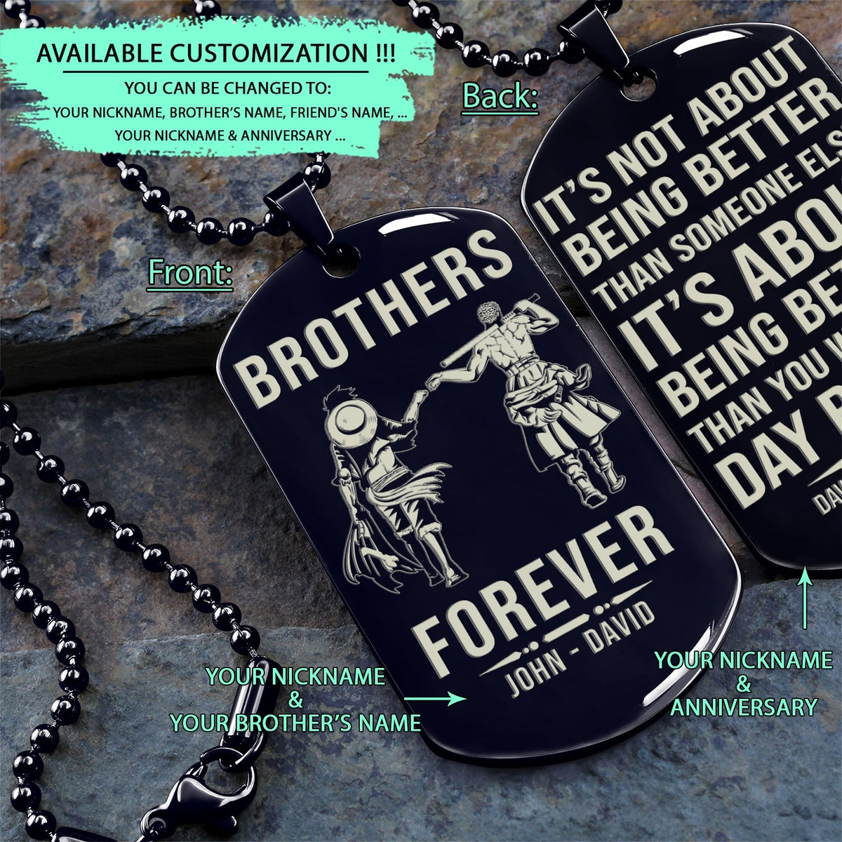 OPD037 - Brothers Forever - It's About Being Better Than You Were The Day Before - Monkey D. Luffy - Roronoa Zoro - One Piece Dog Tag - Double Sided Engrave Black Dog Tag