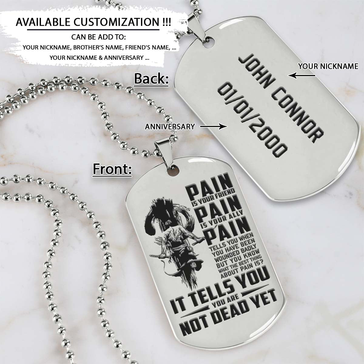 Samurai Dog Tag - PAIN - You Are Not Dead Yet - Bushido - Katana - Ronin - Miyamoto Musashi - Samurai Necklace - Engrave Dog Tag