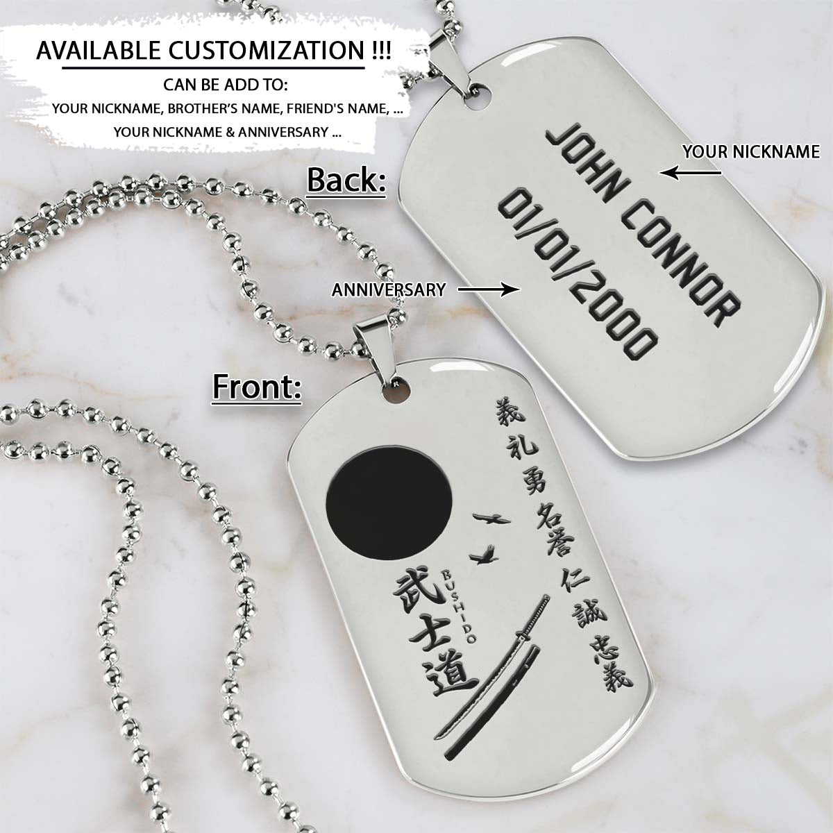 Samurai Dog Tag - The Seven Virtures Of Bushido - Bushido - Katana - Ronin - Miyamoto Musashi - Samurai Necklace - Engrave Dog Tag