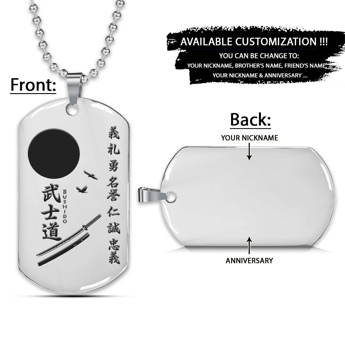 Samurai Dog Tag - The Seven Virtures Of Bushido - Bushido - Katana - Ronin - Miyamoto Musashi - Samurai Necklace - Engrave Dog Tag