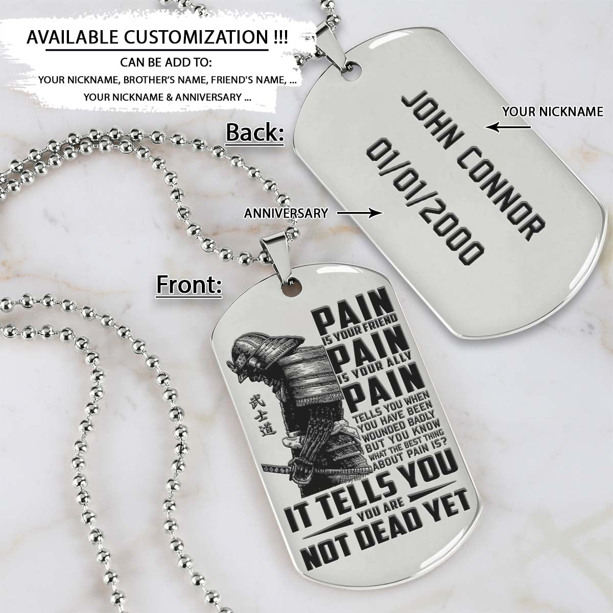 Samurai Dog Tag - PAIN - You Are Not Dead Yet - Bushido - Katana - Ronin - Miyamoto Musashi - Samurai Necklace - Engrave Dog Tag