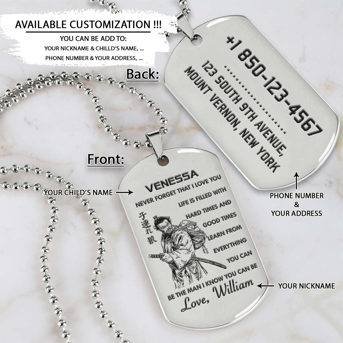 Samurai Dog Tag - Dad To Daughter - Never Forget That I Love You - Bushido - Katana - Ronin - Miyamoto Musashi - Samurai Necklace - Engrave Dog Tag