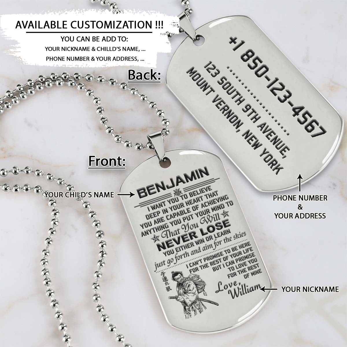 Samurai Dog Tag - Dad To Son - Never Lose - Bushido - Katana - Ronin - Miyamoto Musashi - Samurai Necklace - Engrave Dog Tag