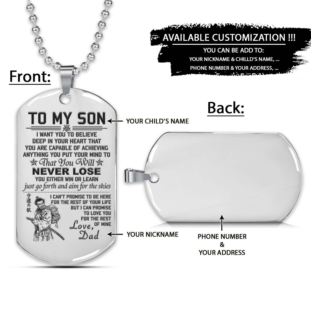 Samurai Dog Tag - Dad To Son - Never Lose - Bushido - Katana - Ronin - Miyamoto Musashi - Samurai Necklace - Engrave Dog Tag