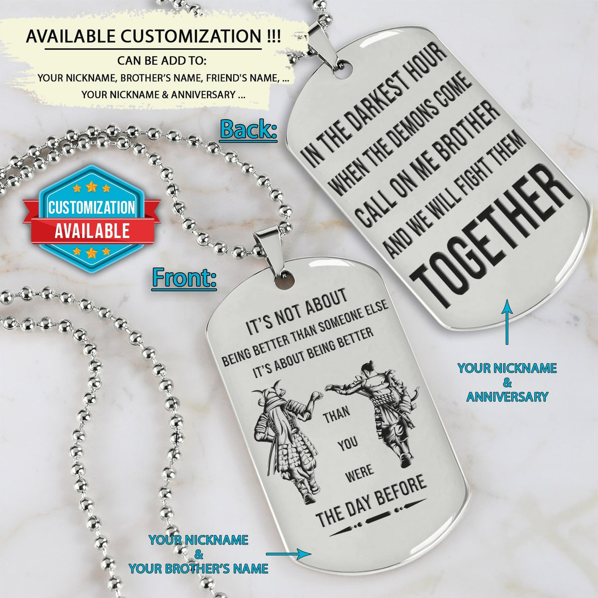 SAD060 - Call On Me Brother - It's About Being Better Than You Were The Day Before - Samurai - Bushido - Katana - Ronin - Miyamoto Musashi - Silver Double-Sided Dog Tag