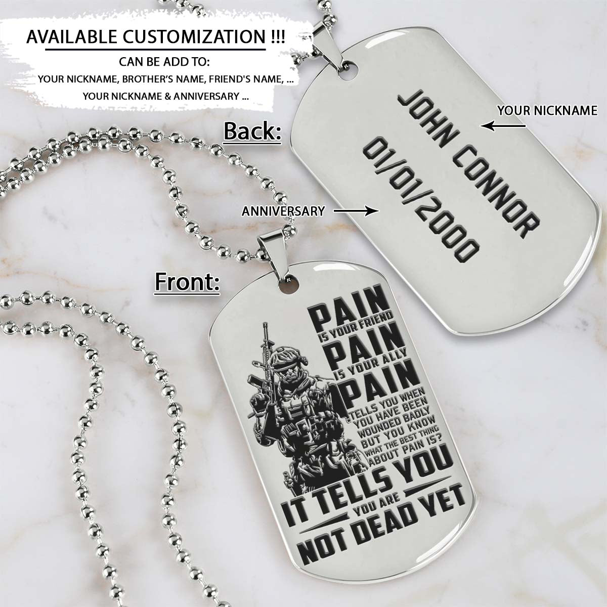 Soldier Dog Tag - PAIN - You Are Not Dead Yet - Army - Navy - Marines - Air Force - Soldier Necklace - Engrave Dog Tag