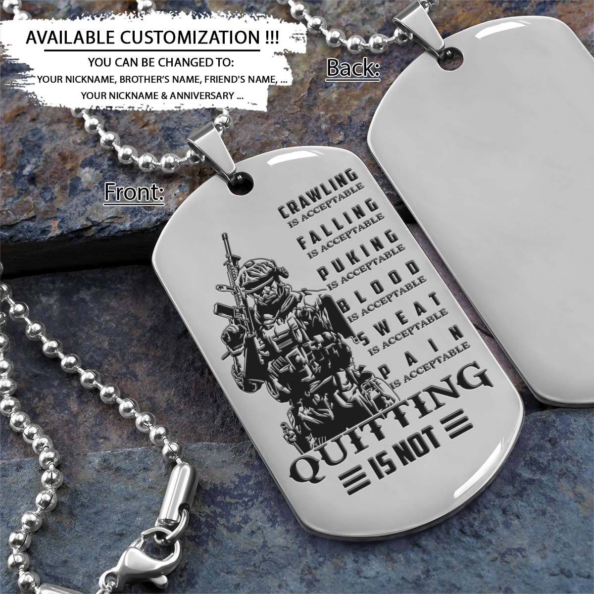 Soldier Dog Tag - Quitting Is Not - Army - Navy - Marines - Air Force - Soldier Necklace - Engrave Dog Tag