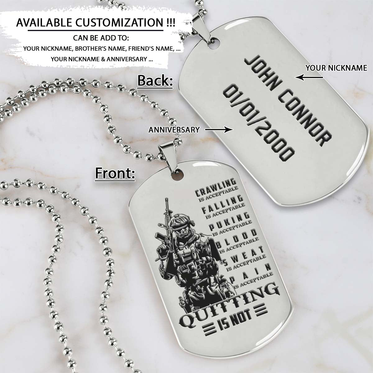 Soldier Dog Tag - Quitting Is Not - Army - Navy - Marines - Air Force - Soldier Necklace - Engrave Dog Tag