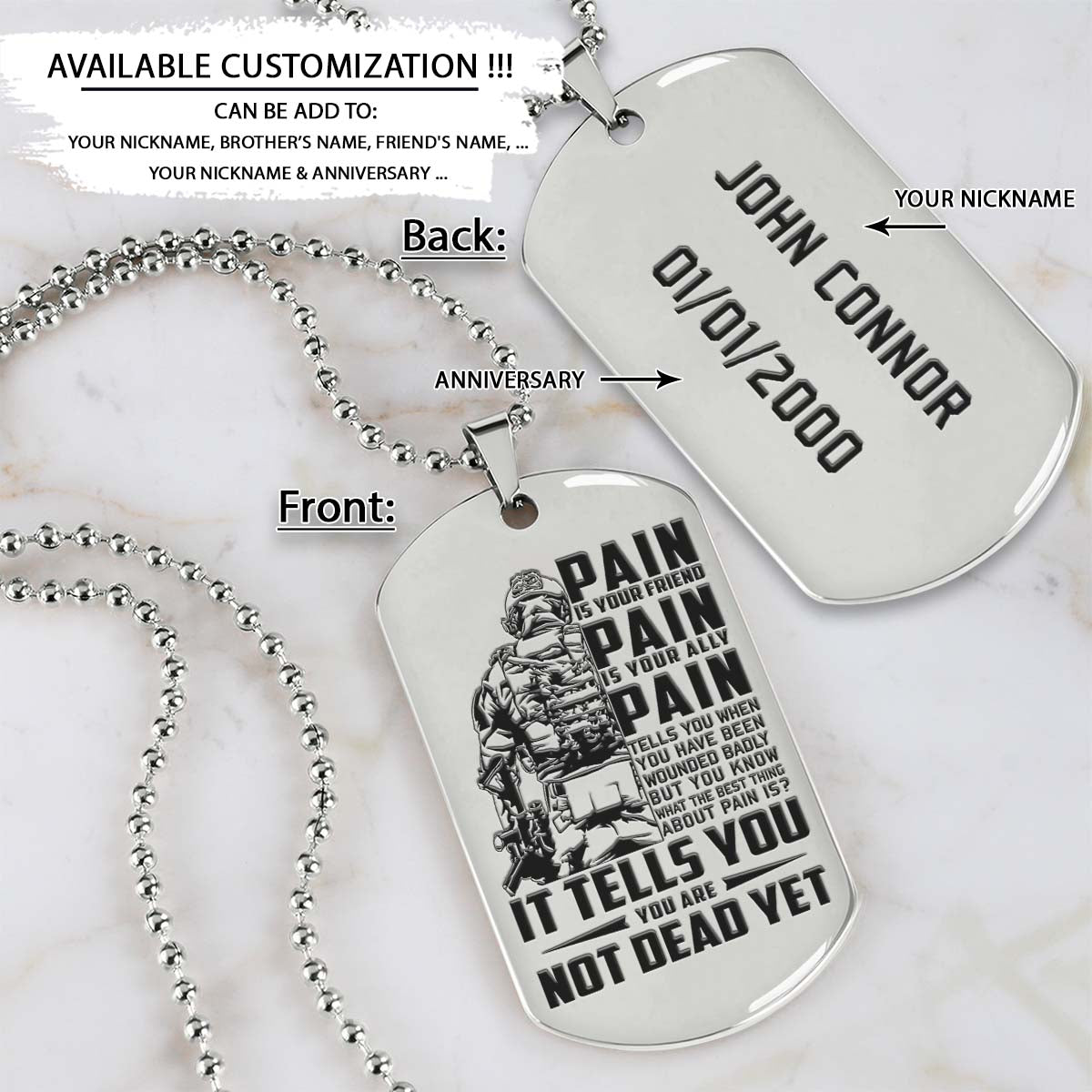 Soldier Dog Tag - PAIN - You Are Not Dead Yet - Army - Navy - Marines - Air Force - Soldier Necklace - Engrave Dog Tag