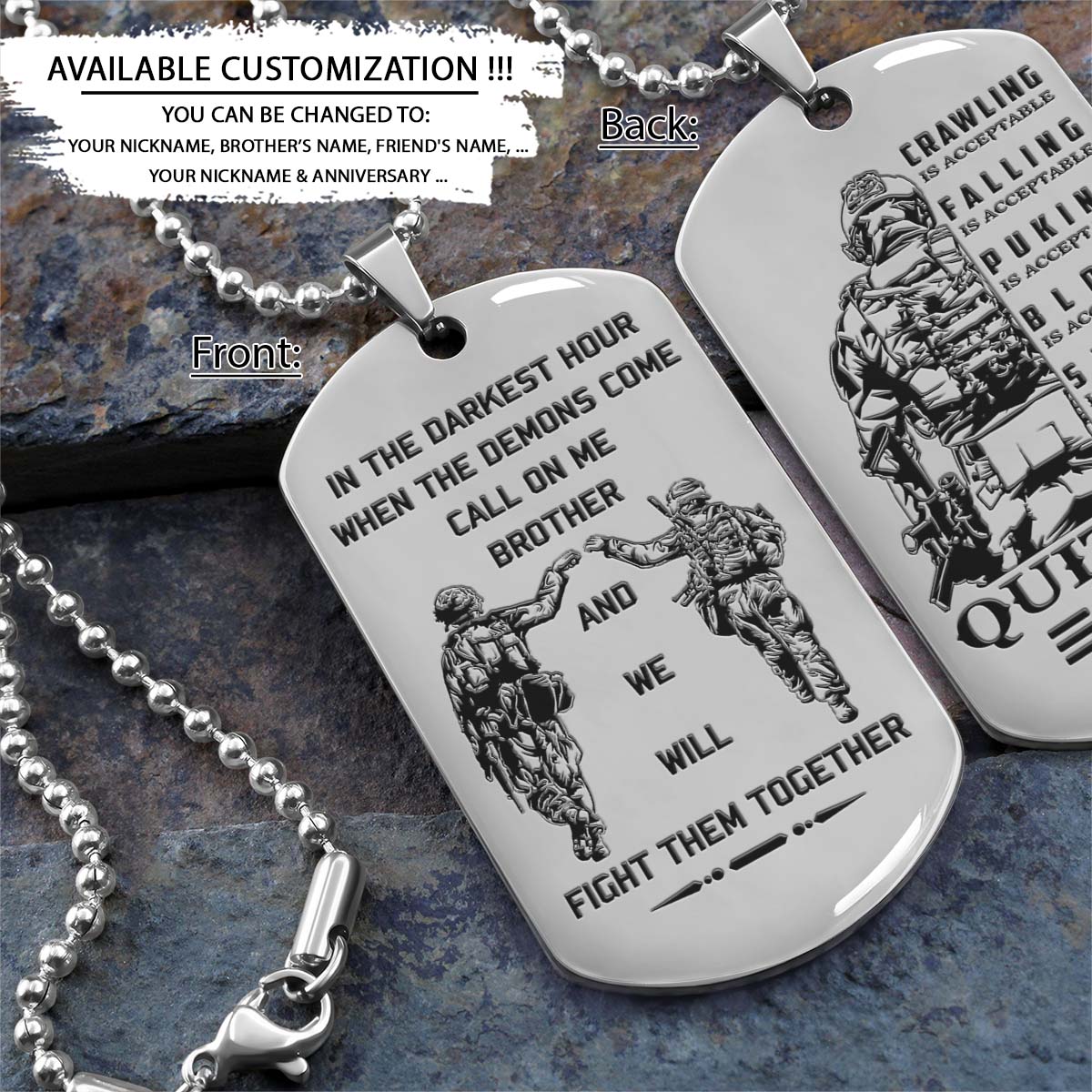 Soldier Dog Tag - Call On Me Brother - Quitting Is Not - Army - Navy - Marines - Air Force - Soldier Necklace - Engrave Dog Tag