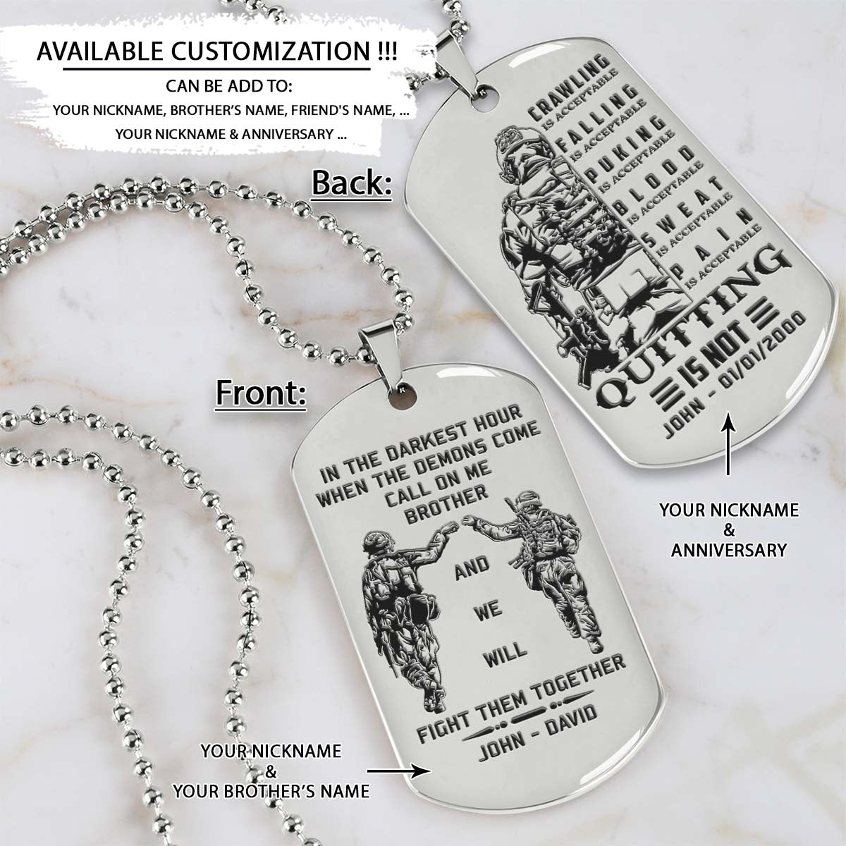 Soldier Dog Tag - Call On Me Brother - Quitting Is Not - Army - Navy - Marines - Air Force - Soldier Necklace - Engrave Dog Tag