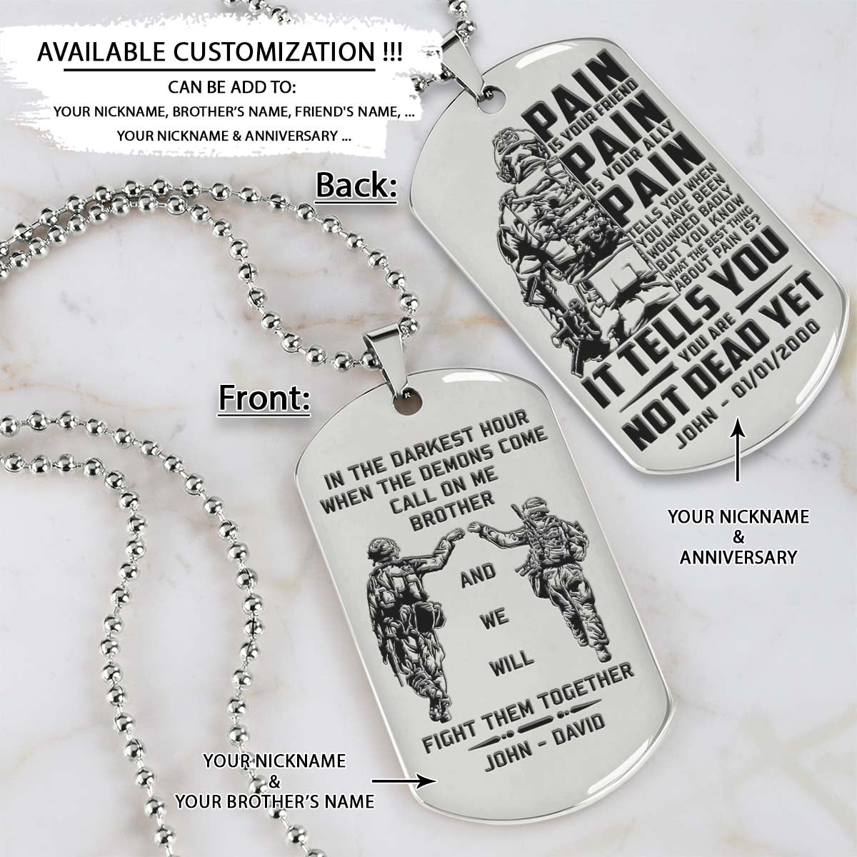 Soldier Dog Tag - Call On Me Brother - PAIN - You Are Not Dead Yet - Army - Navy - Marines - Air Force - Soldier Necklace - Engrave Dog Tag