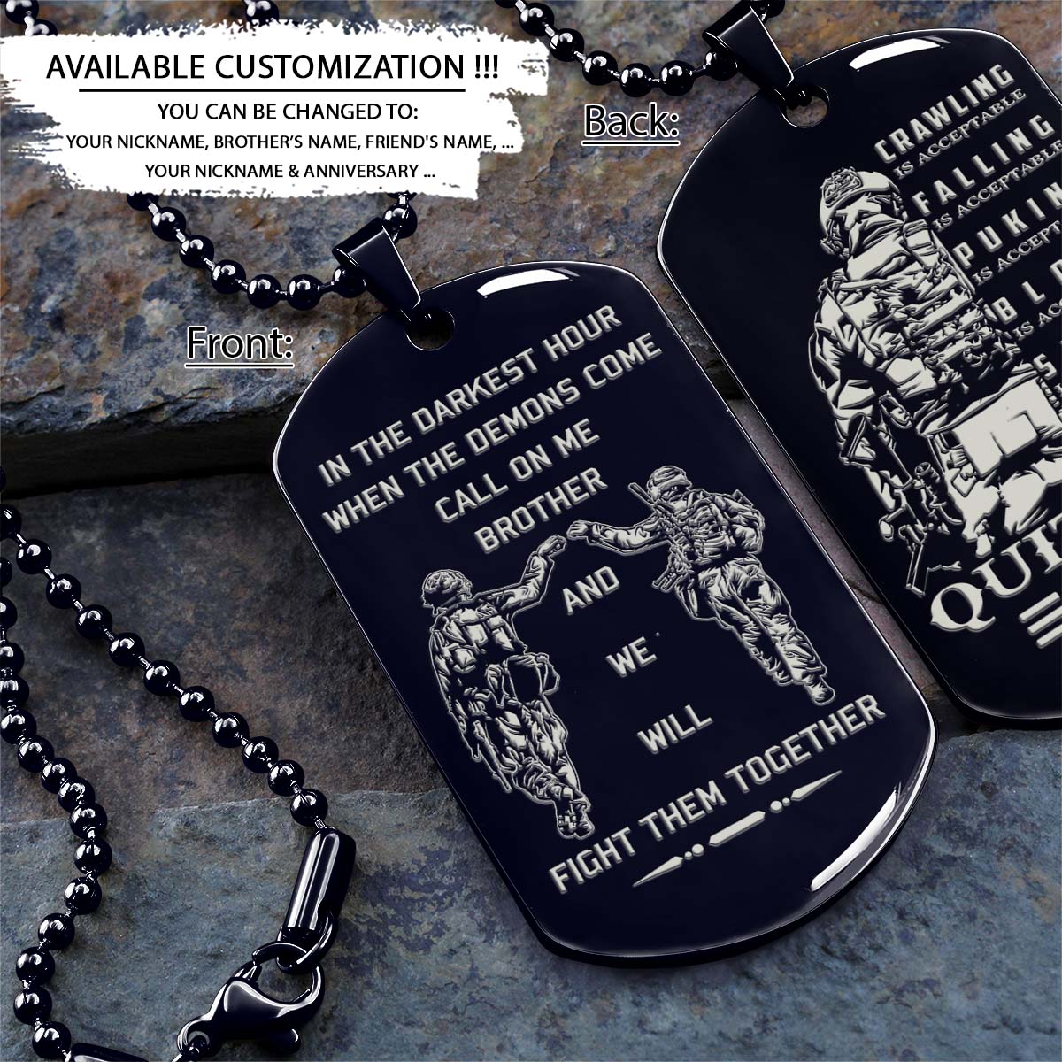 Soldier Dog Tag - Call On Me Brother - Quitting Is Not - Army - Navy - Marines - Air Force - Soldier Necklace - Engrave Dog Tag