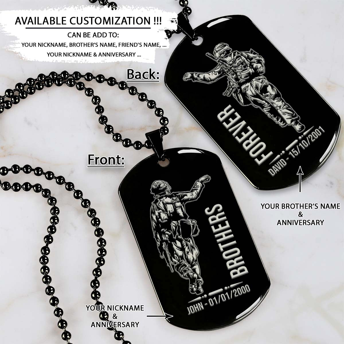 Soldier Dog Tag - Brothers Forever - Army - Navy - Marines - Air Force - Soldier Necklace - Engrave Dog Tag