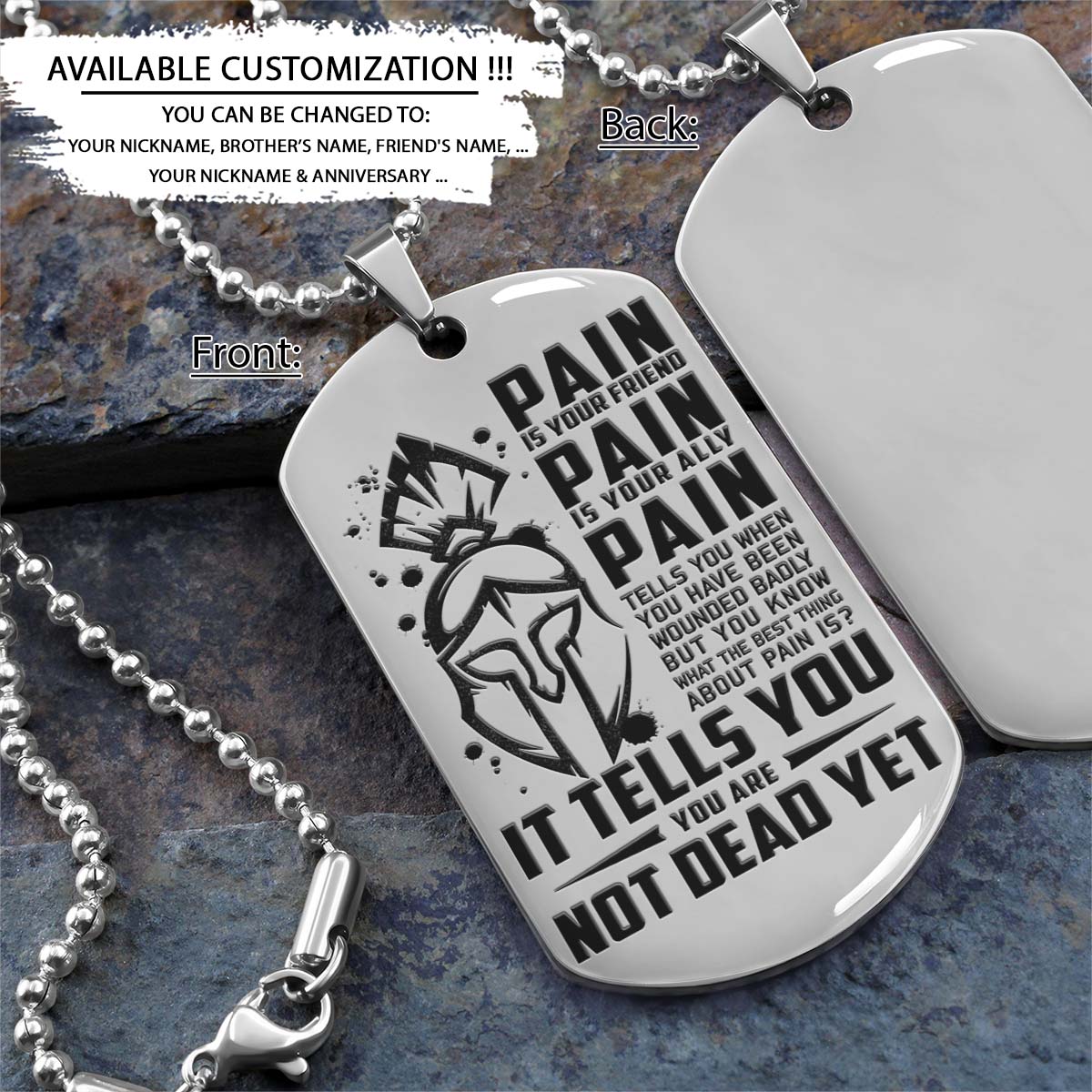 Spartan Dog Tag - PAIN - You Are Not Dead Yet - Spartan Warrior - Sparta - Leonidas - Gladiator - Spartan Necklace - Engrave Dog Tag