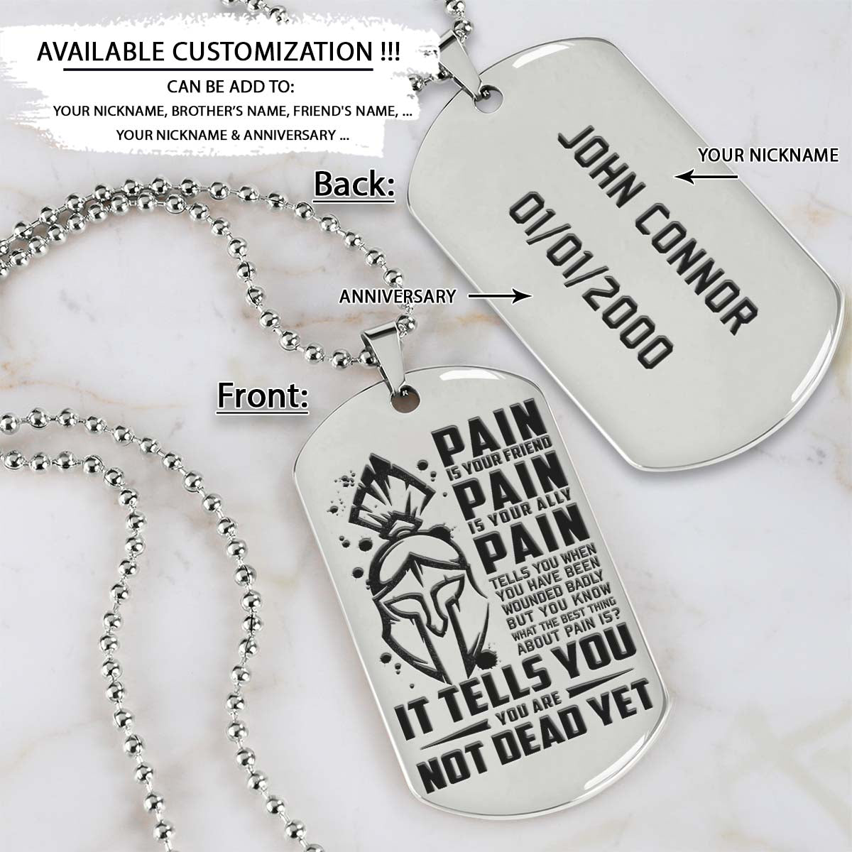 Spartan Dog Tag - PAIN - You Are Not Dead Yet - Spartan Warrior - Sparta - Leonidas - Gladiator - Spartan Necklace - Engrave Dog Tag