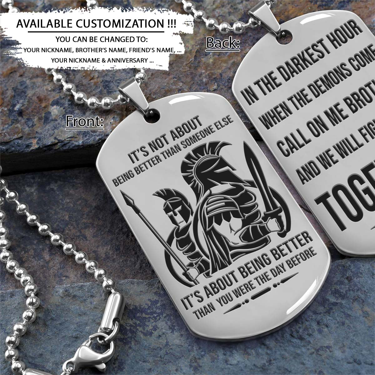 Spartan Dog Tag - Call On Me Brother - It's About Being Better Than You Were The Day Before - Spartan Warrior - Sparta - Leonidas - Gladiator - Spartan Necklace - Engrave Dog Tag