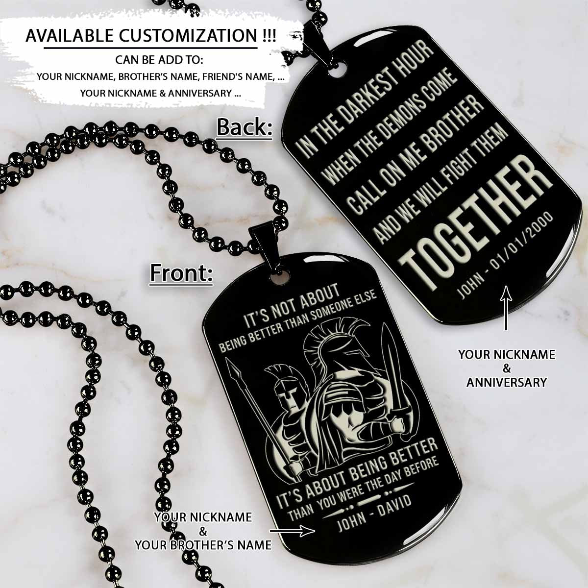 WAD061 - Call On Me Brother - It's Not About Being Better Than Someone Else - Warrior - Spartan Necklace - Engrave Black Dog Tag