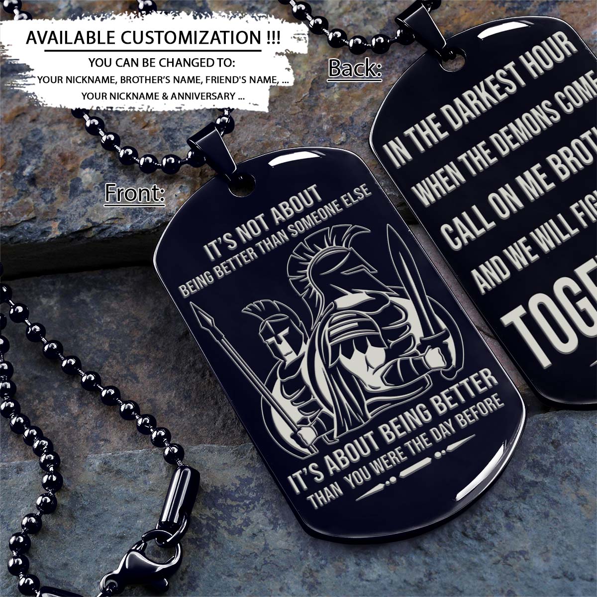 Spartan Dog Tag - Call On Me Brother - It's About Being Better Than You Were The Day Before - Spartan Warrior - Sparta - Leonidas - Gladiator - Spartan Necklace - Engrave Dog Tag