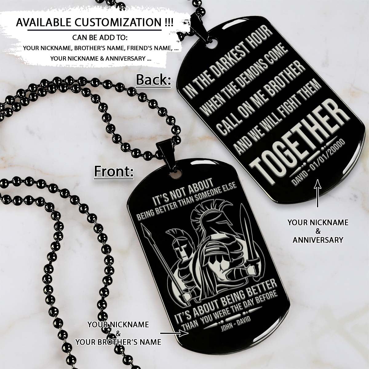 Spartan Dog Tag - Call On Me Brother - It's About Being Better Than You Were The Day Before - Spartan Warrior - Sparta - Leonidas - Gladiator - Spartan Necklace - Engrave Dog Tag