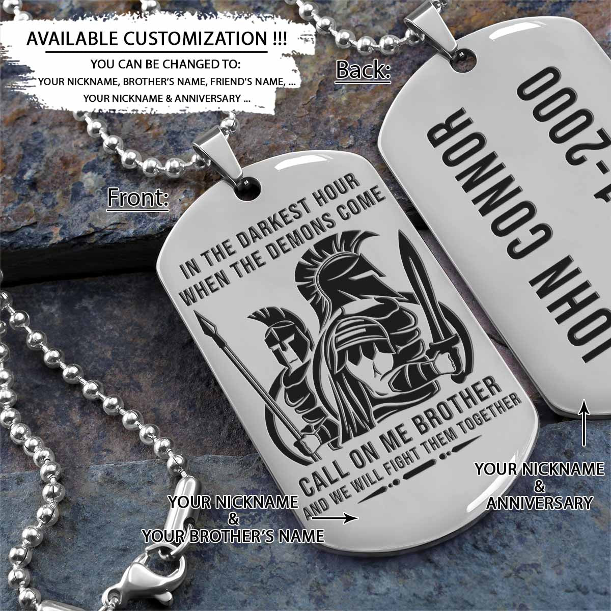WAD062 - Call On Me Brother - Warrior - Spartan Necklace - Engrave Silver Dog Tag