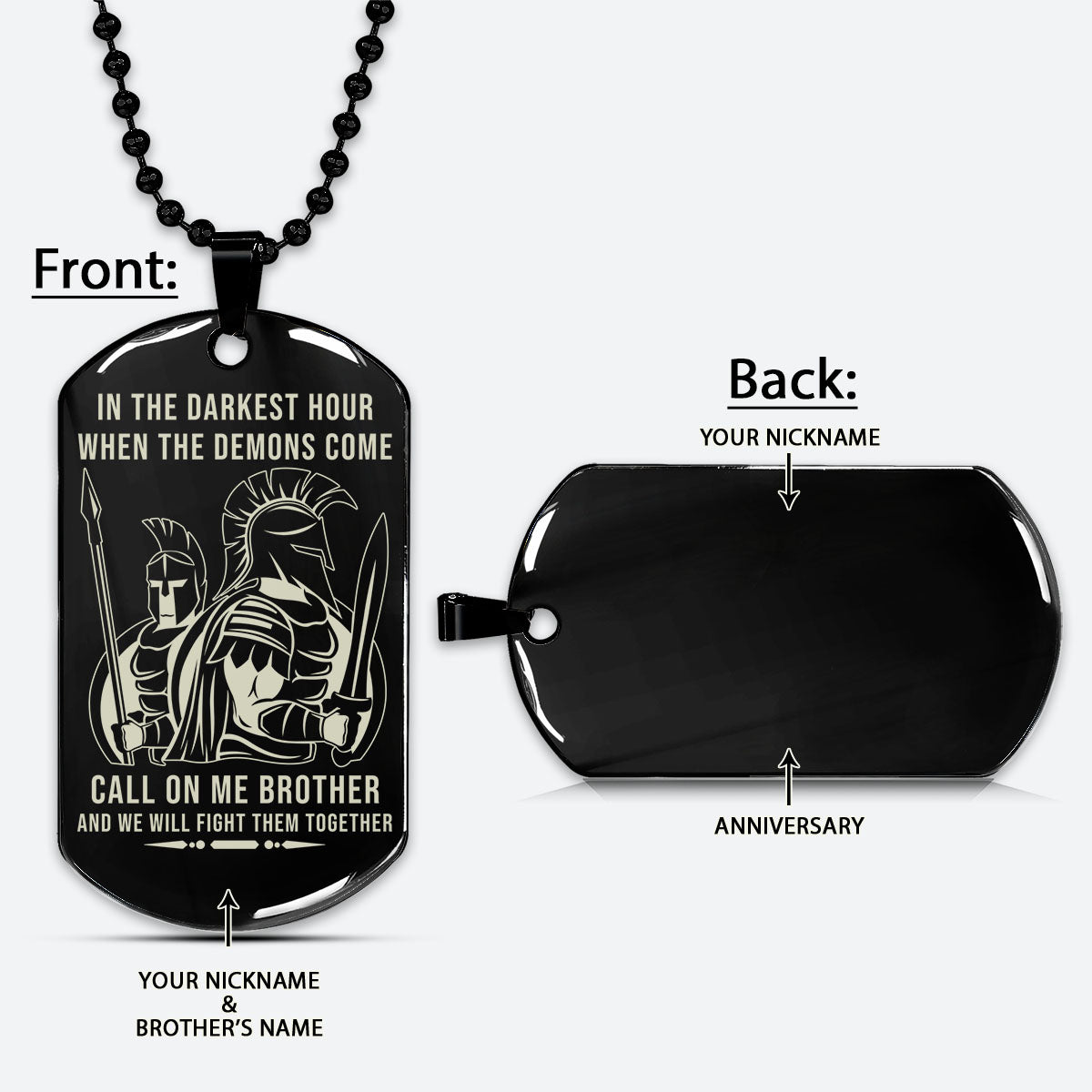 WAD063 - Call On Me Brother - Warrior - Spartan Necklace - Engrave Black Dog Tag