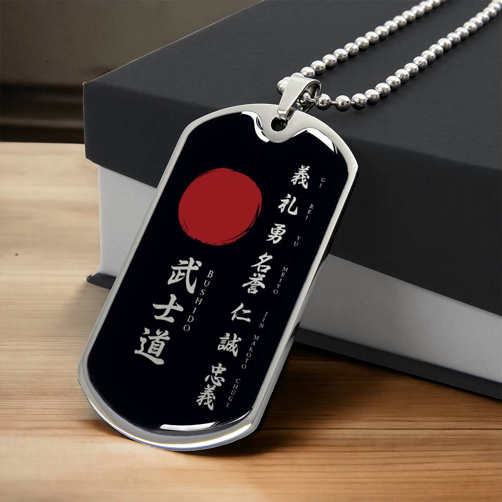 Samurai - The Seven Virtures Of Bushido - Bushido - Katana - Ronin - Black Dog Tag - Samurai Dog Tag - Military Ball Chain - Luxury Dog Tag