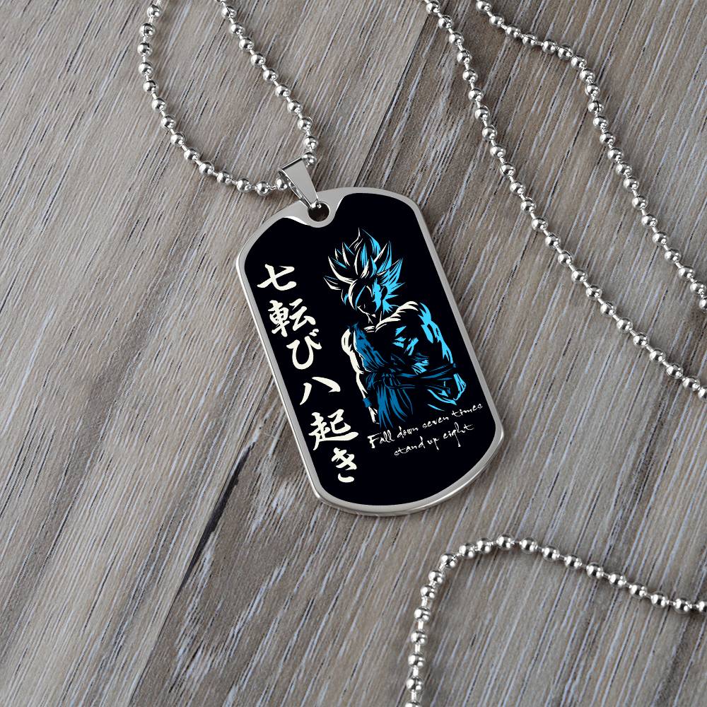 Dragon Ball - Fall Down Seven Times Stand Up Eight - Goku - Supper Saiyan Blue - Black Dog Tag - Dragon Ball Dog Tag - Military Ball Chain - Luxury Dog Tag