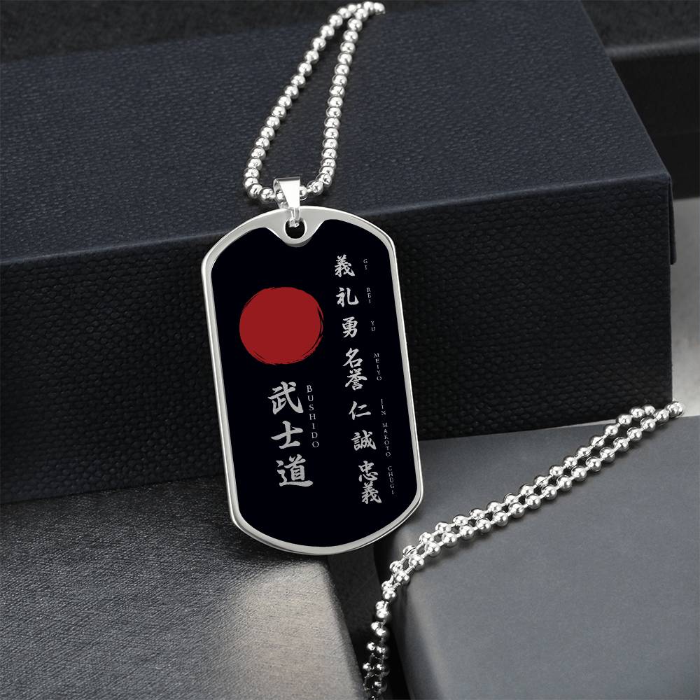 Samurai - The Seven Virtures Of Bushido - Bushido - Katana - Ronin - Black Dog Tag - Samurai Dog Tag - Military Ball Chain - Luxury Dog Tag