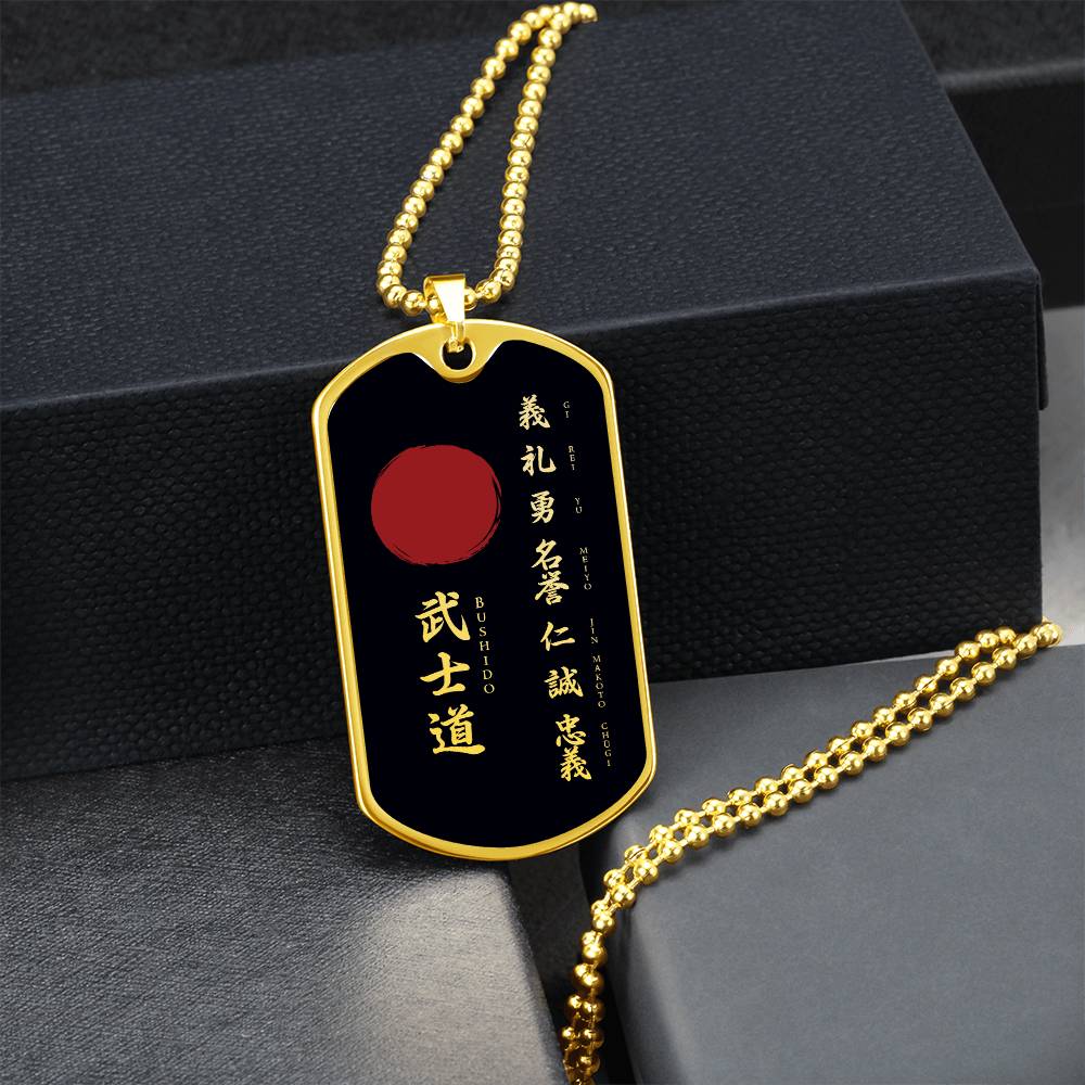 Samurai - The Seven Virtures Of Bushido - Bushido - Katana - Ronin - Black Dog Tag - Samurai Dog Tag - Military Ball Chain - Luxury Dog Tag
