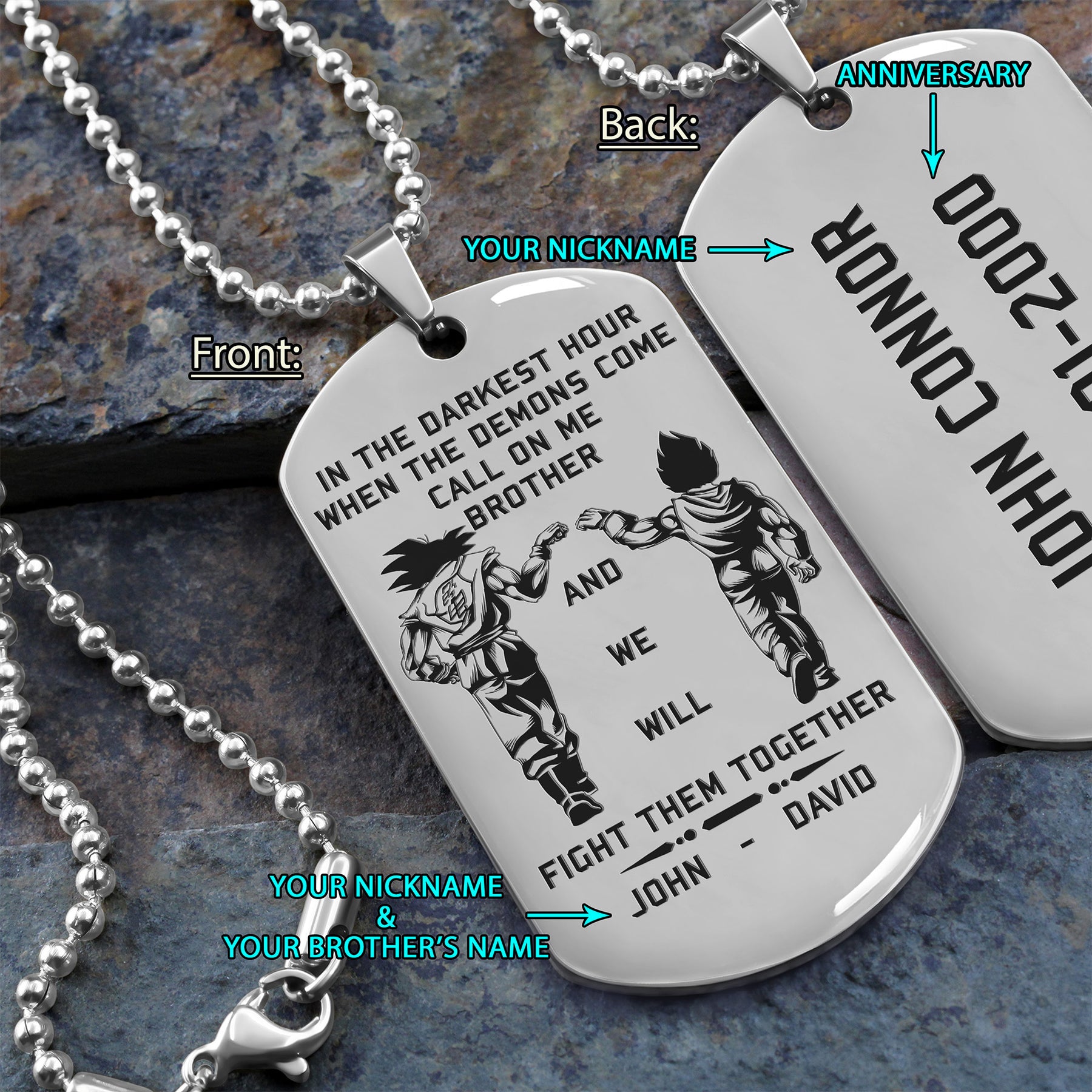 DRD010 - DRD013 - DRD024 - DRD025 - Call On Me Brother - It's Not Over When You Lose - It's Over When You Quit - Quitting Is Not - Goku - Vegeta - Super Saiyan Blue - Dragon Ball Dog Tag - Engrave Double Dog Tag