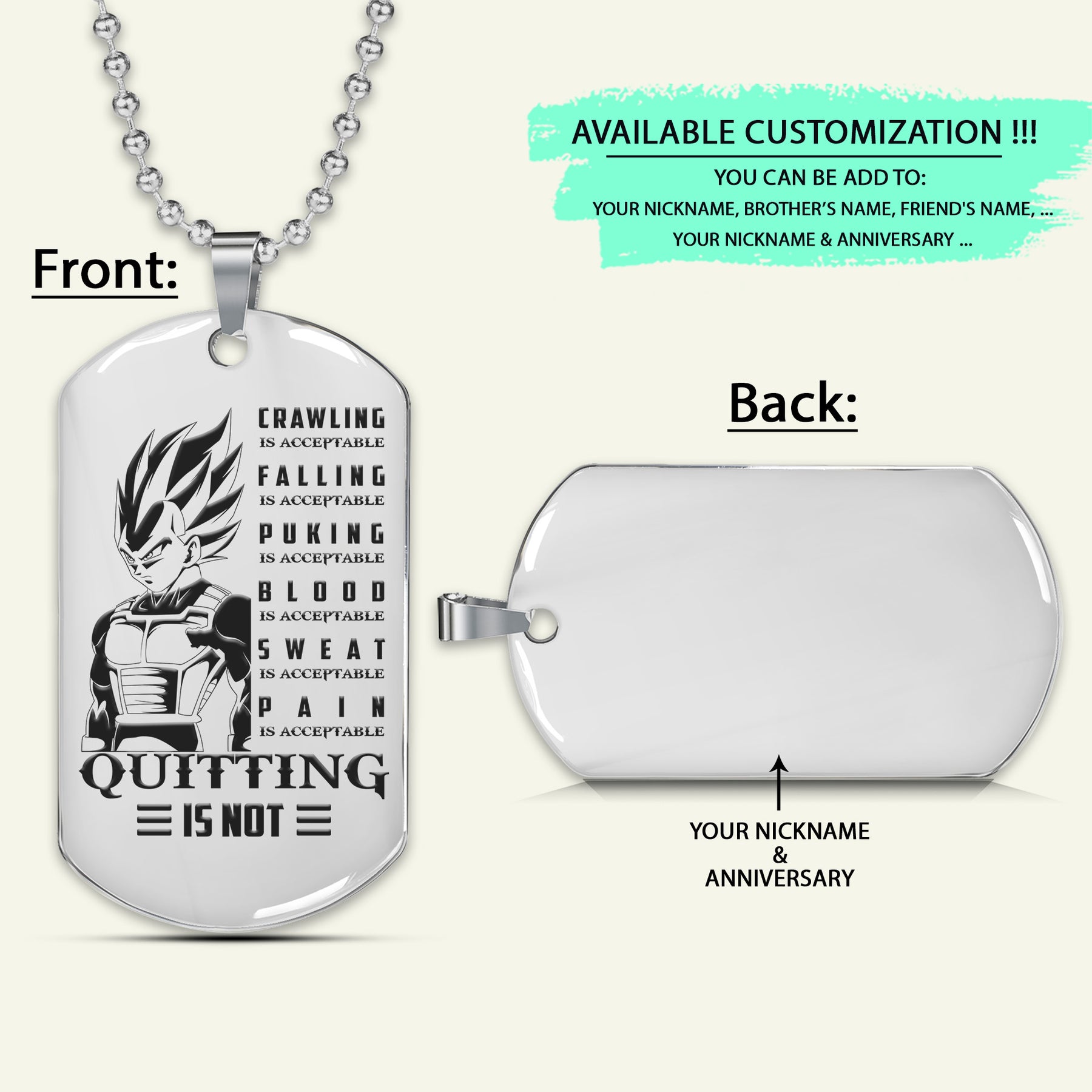 DRD019 - Quitting Is Not - Vegeta - Dragon Ball - Engrave Silver Dog Tag