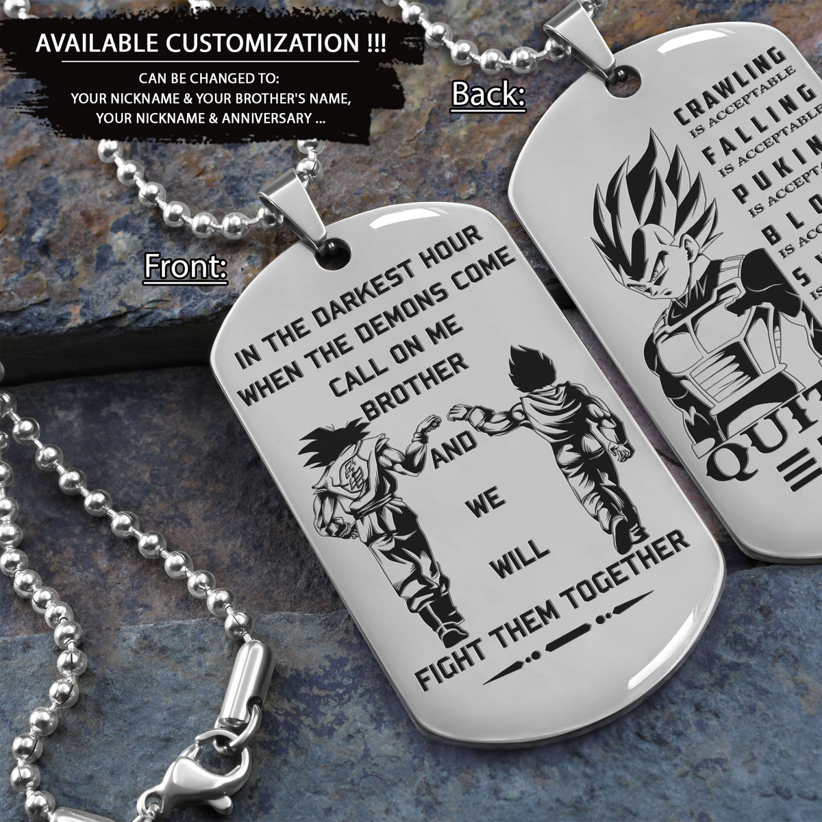 DRD025 - Call On Me Brother - Quitting Is Not - Goku - Vegeta - Dragon Ball - Engrave Double Silver Dog Tag