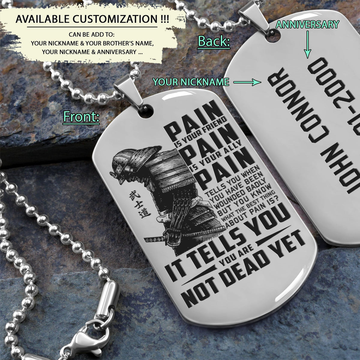 SAD014 - PAIN - You Are Not Dead Yet - Samurai - Engrave Silver Dog Tag