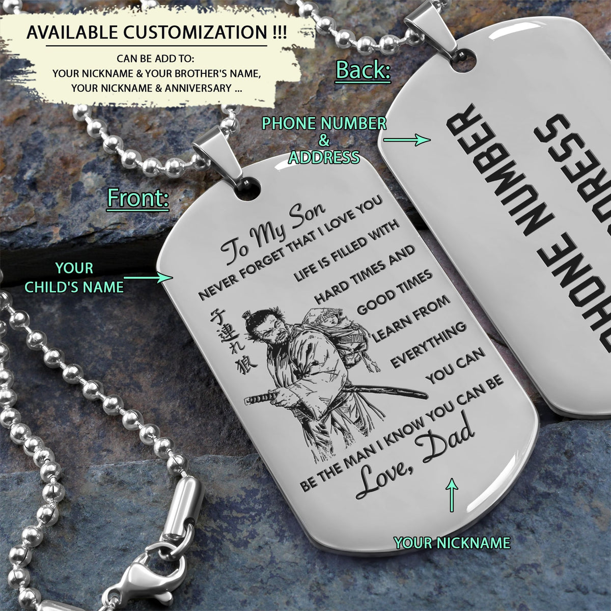 SAD015 - Dad To Son - Never Forget That I Love You - Samurai - Engrave Silver Dog Tag