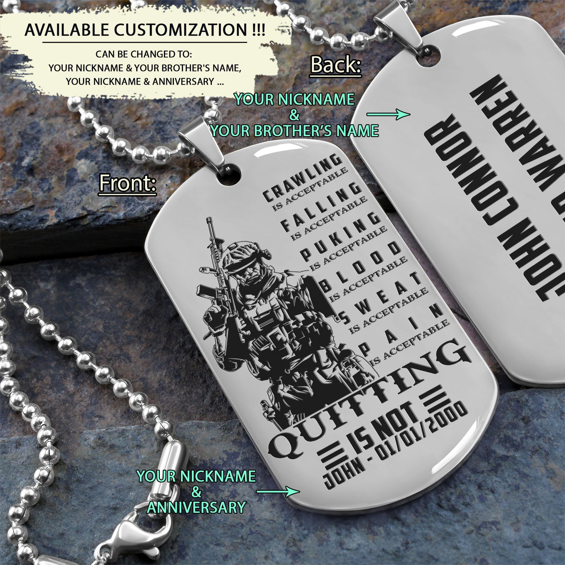 SDD019 - Quitting Is Not - Soldier Dog Tag - Engrave Silver Dog Tag