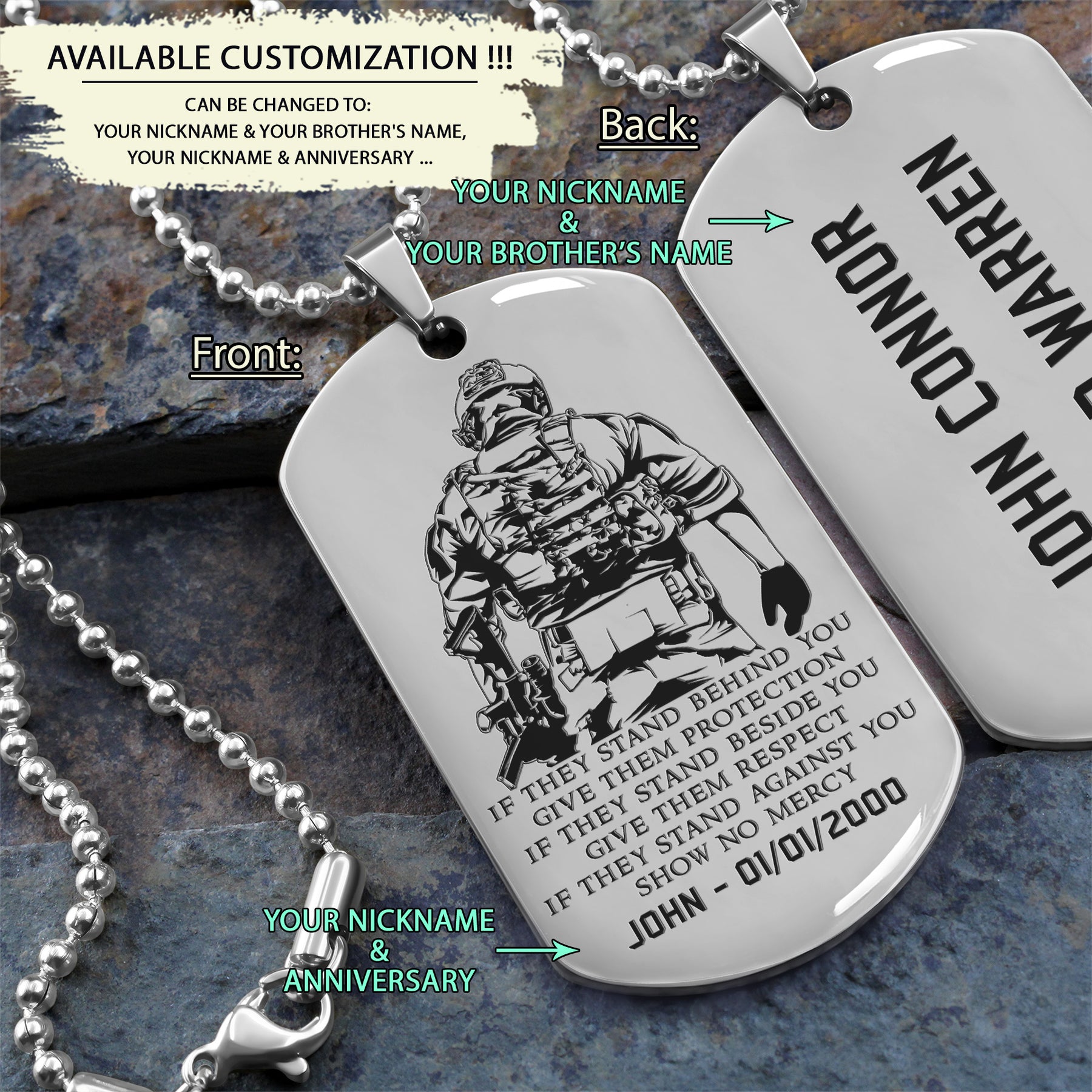 SDD021 - IF - Show No Mercy - Soldier Dog Tag - Engrave Silver Dog Tag
