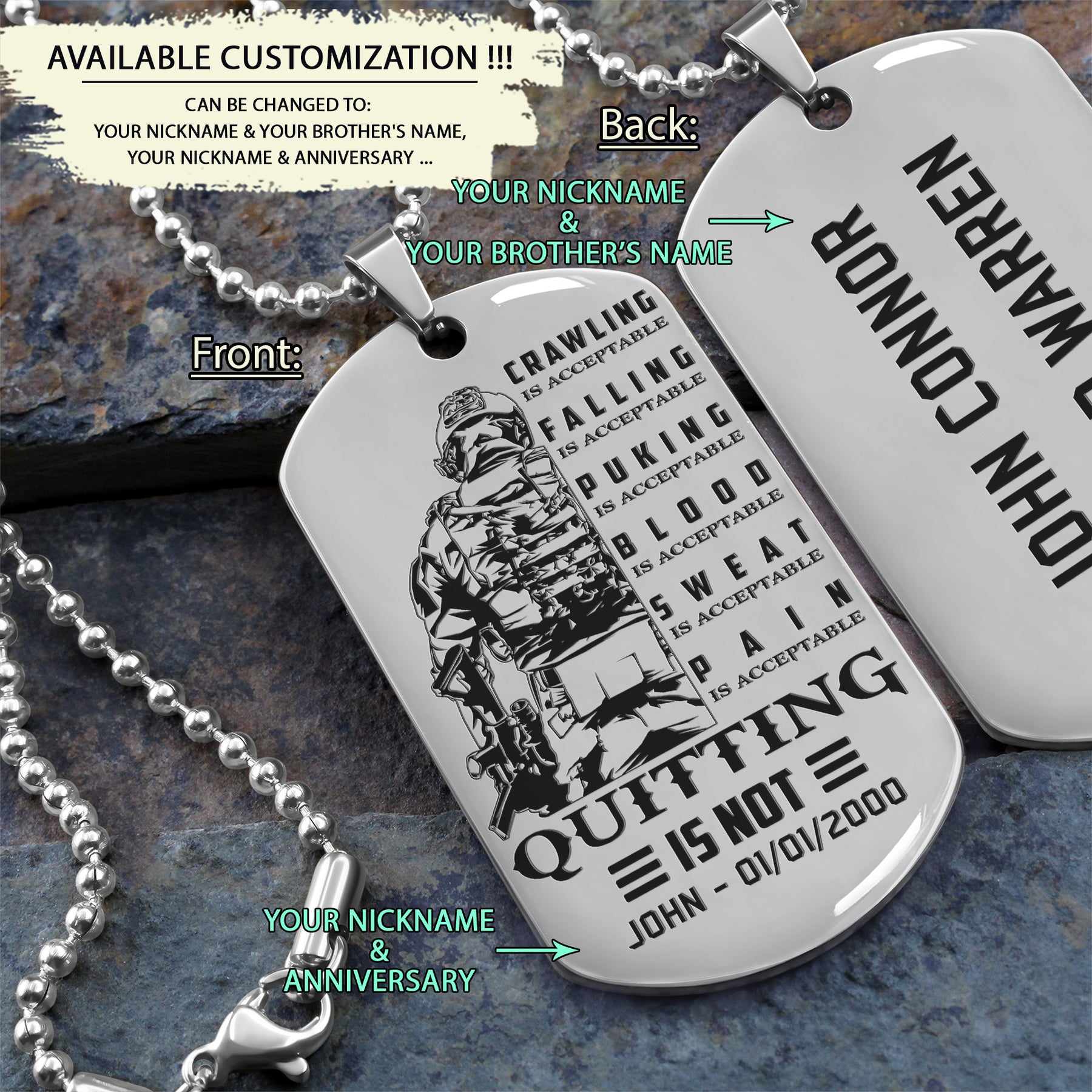 SDD023 - Quitting Is Not - Soldier Dog Tag - Engrave Silver Dog Tag