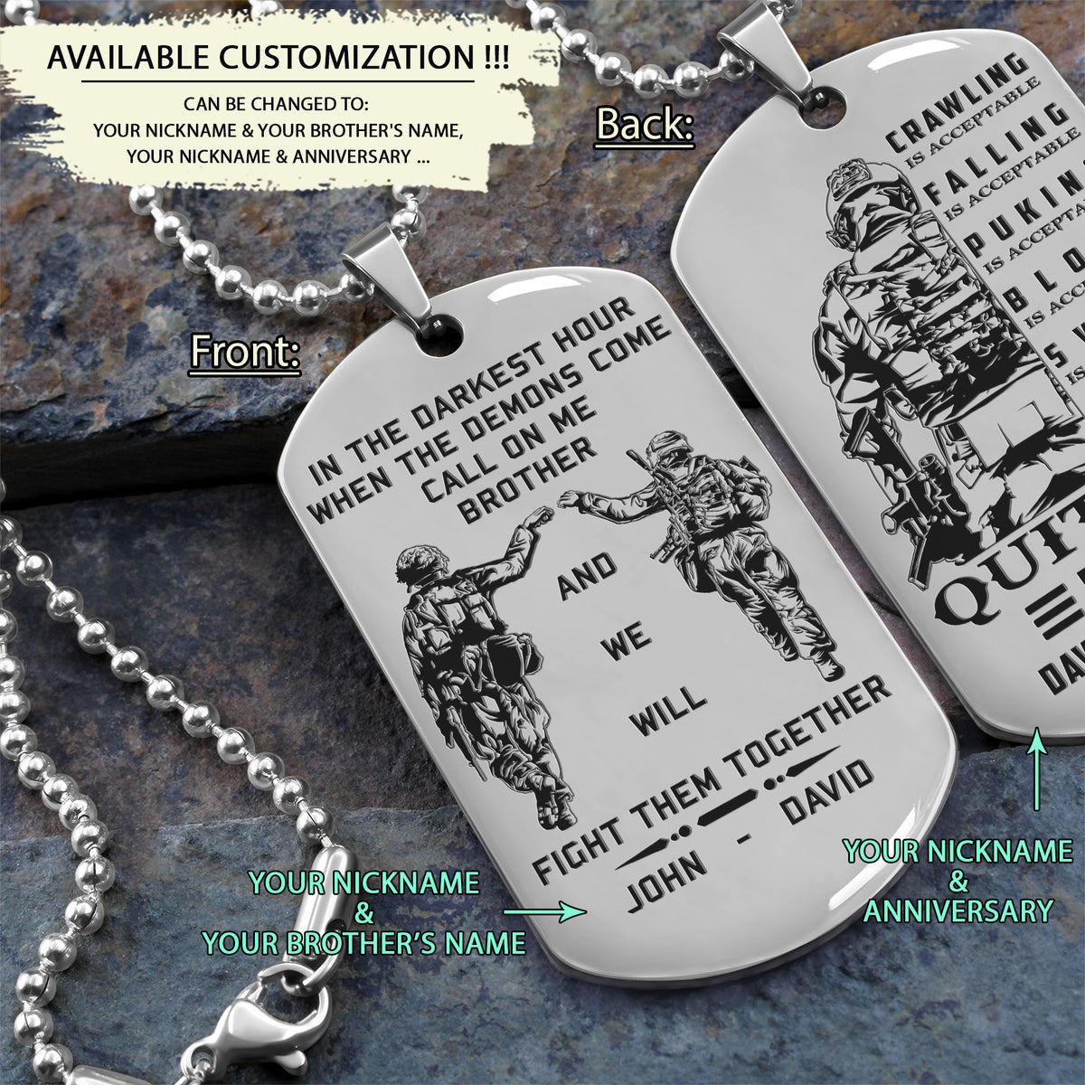SDD026 - Call On Me Brother - English - Quitting Is Not - Slodier Dog Tag - Engrave Double Silver Dog Tag